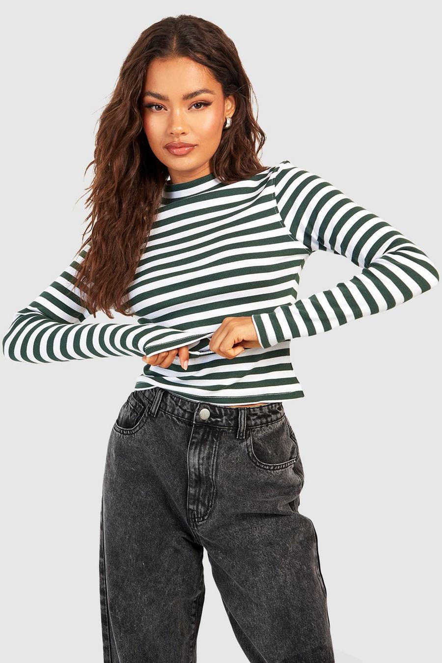 Green Basic Rib Funnel Neck Long Sleeve Striped Top  image number 1