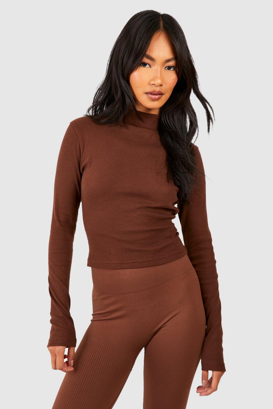 Chocolate Basic Rib Funnel Neck Long Sleeve Top image number 1