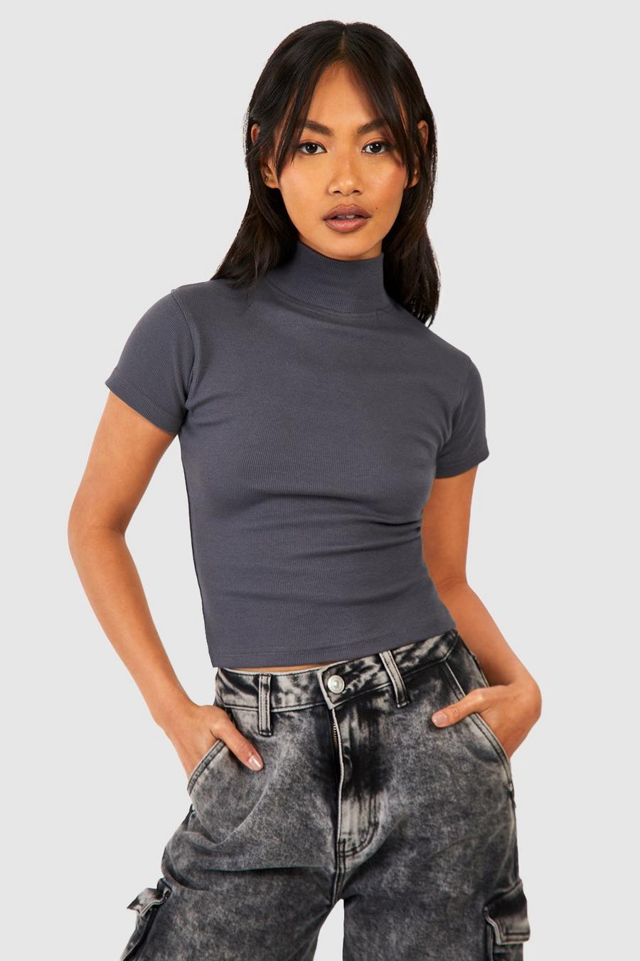 Charcoal gris Basic Rib Funnel Neck Short Sleeve Top