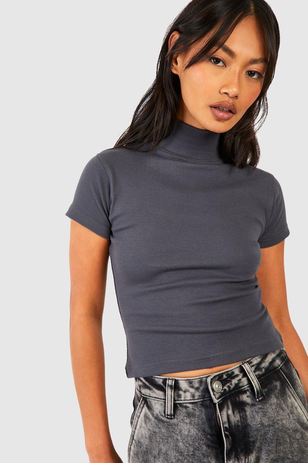 Basic Rib Funnel Neck Short Sleeve Top