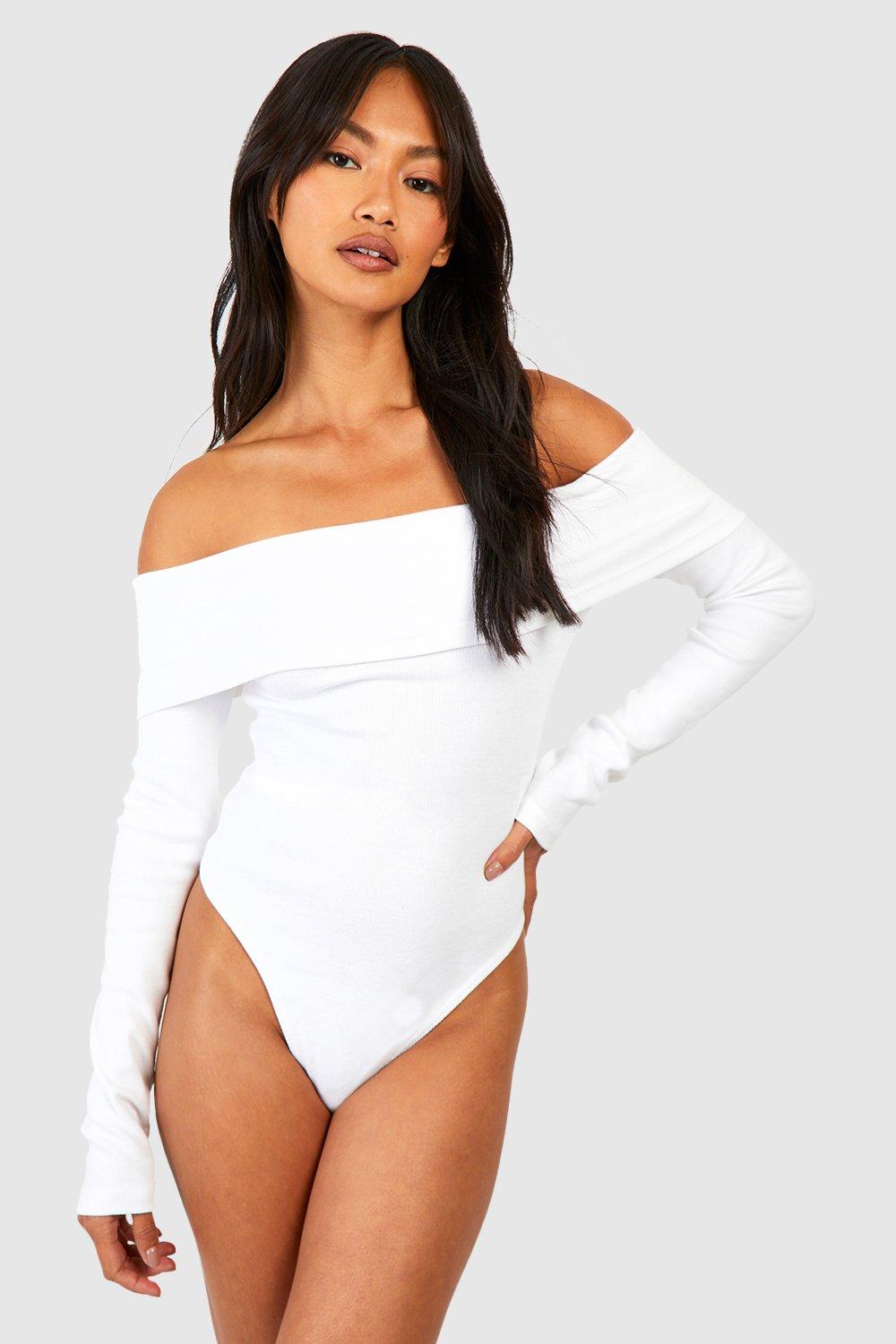 White Basic Rib Bardot Long Sleeve Bodysuit boohoo UK