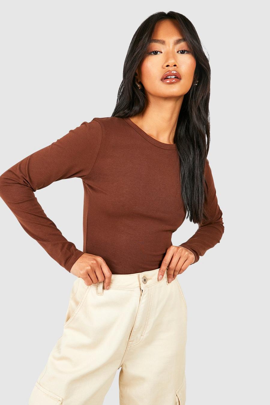 Chocolate Basic Cotton Long Sleeve Crew Neck Top image number 1