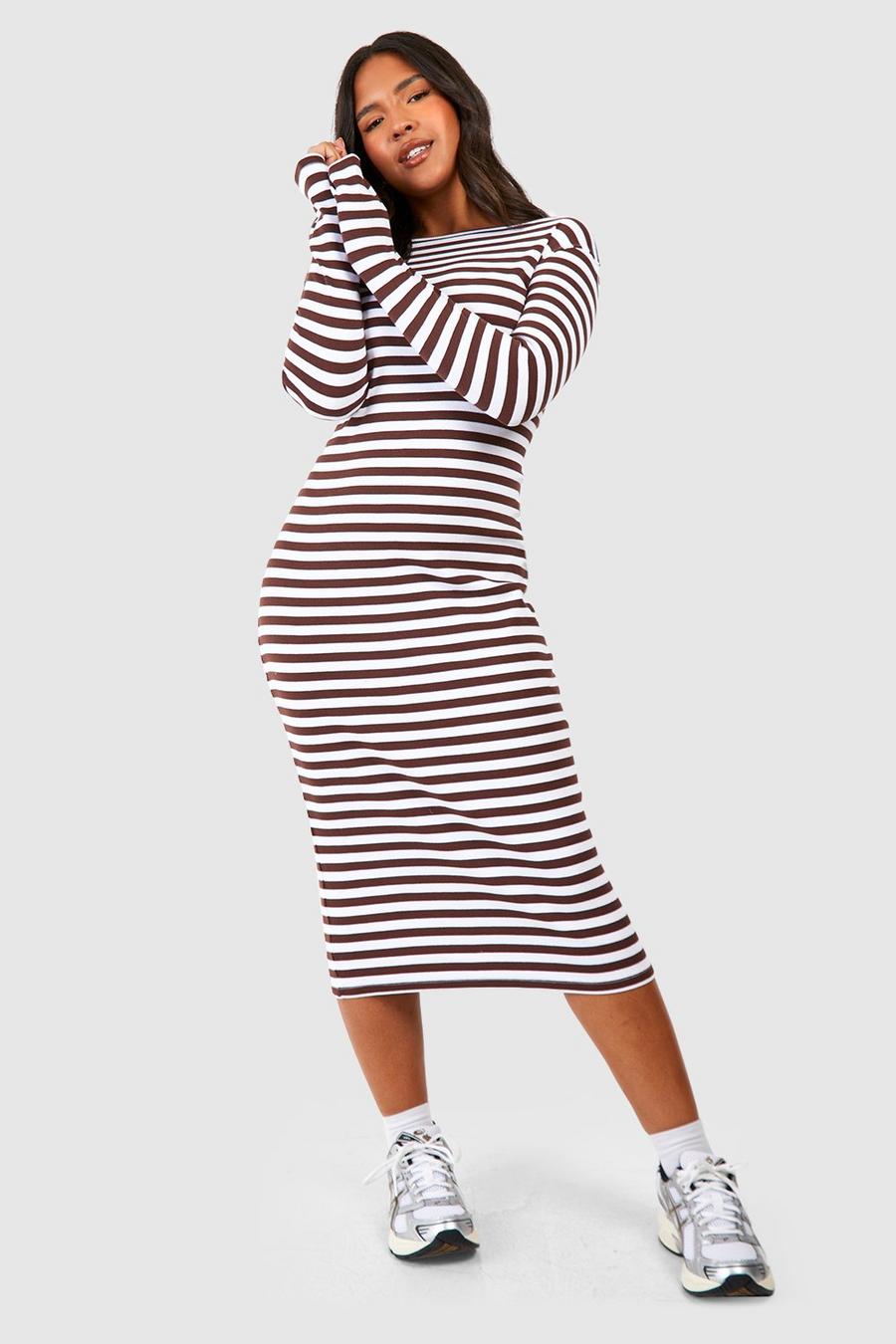 Chocolate Plus Slash Neck Stripe Rib Midi Dress