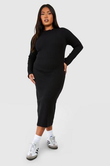 Black Plus Funnel Neck Rib Long Sleeve Midi Dress