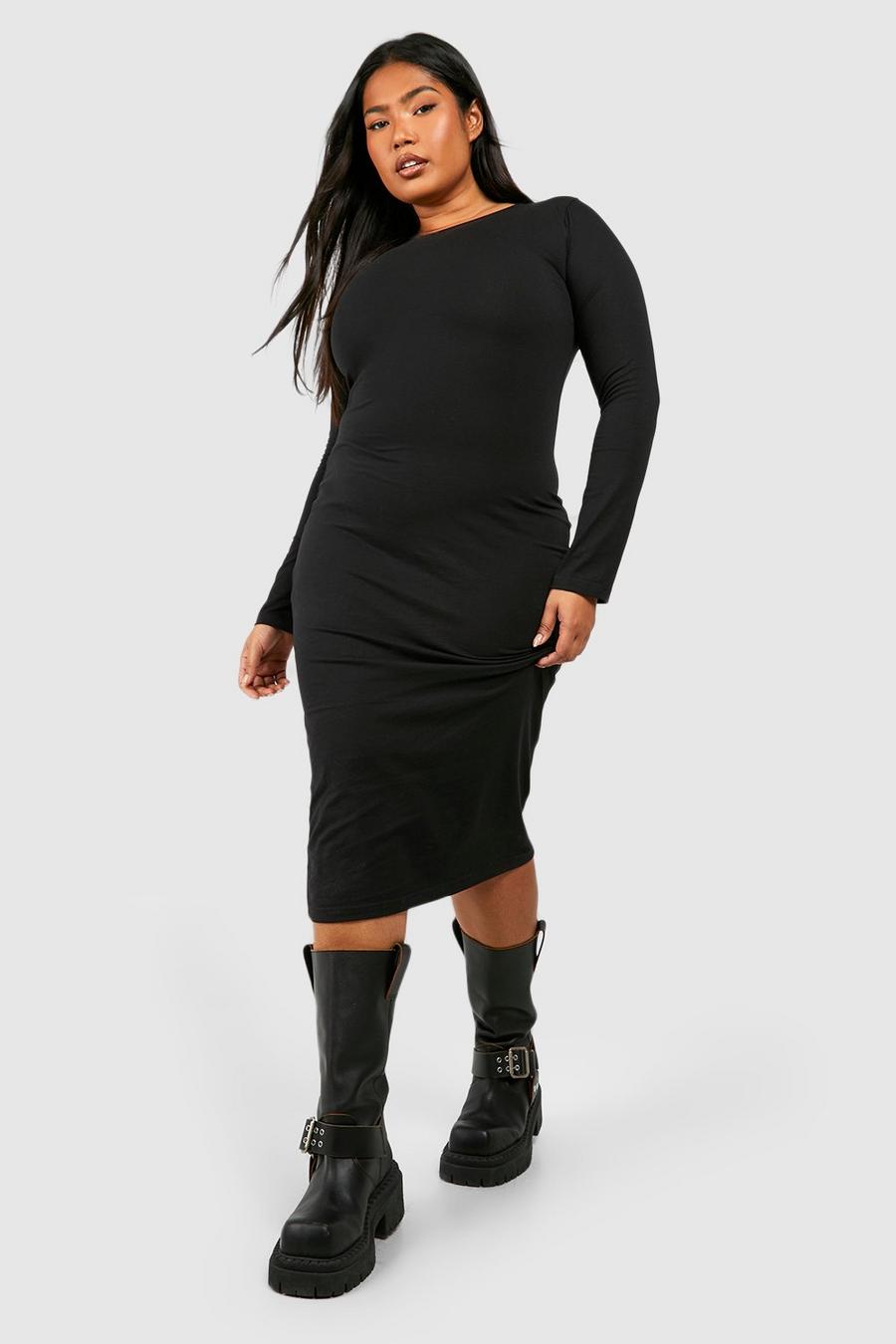 Black Plus Basic Neck Cotton Midi Dress  image number 1