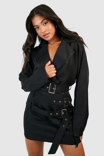 Black Petite Buckle Detail Crop Trench Coat