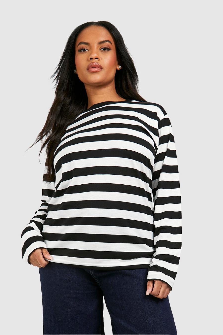 Black Plus Stripe Crew Neck Long Sleeve T-shirt