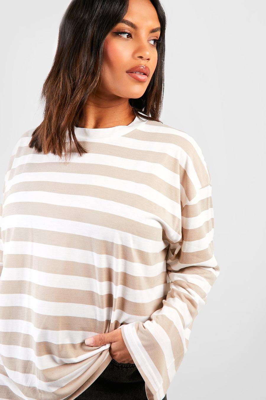 Stone Plus Stripe Crew Neck Wide Sleeve T-shirt image number 1
