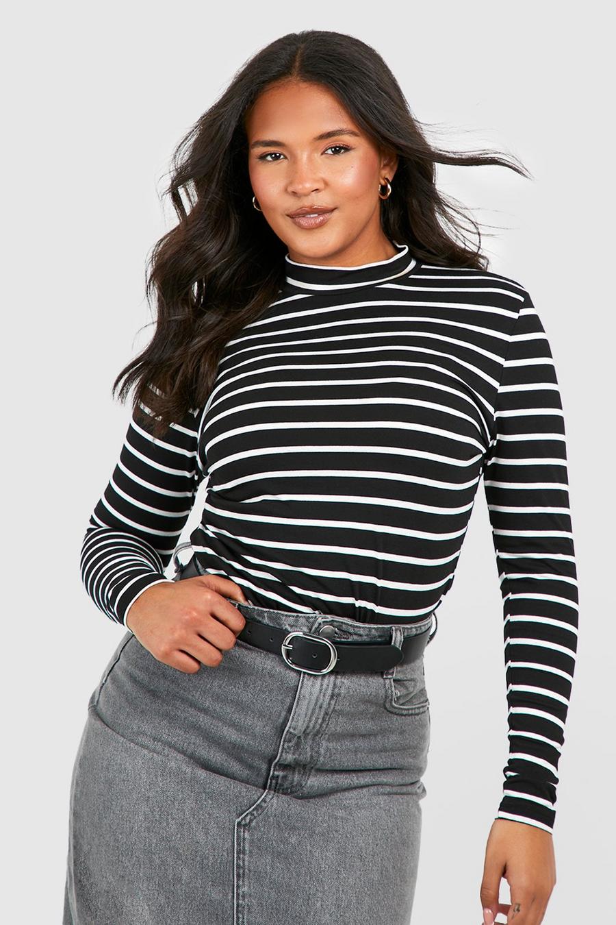 Black Plus Stripped Roll Neck Top