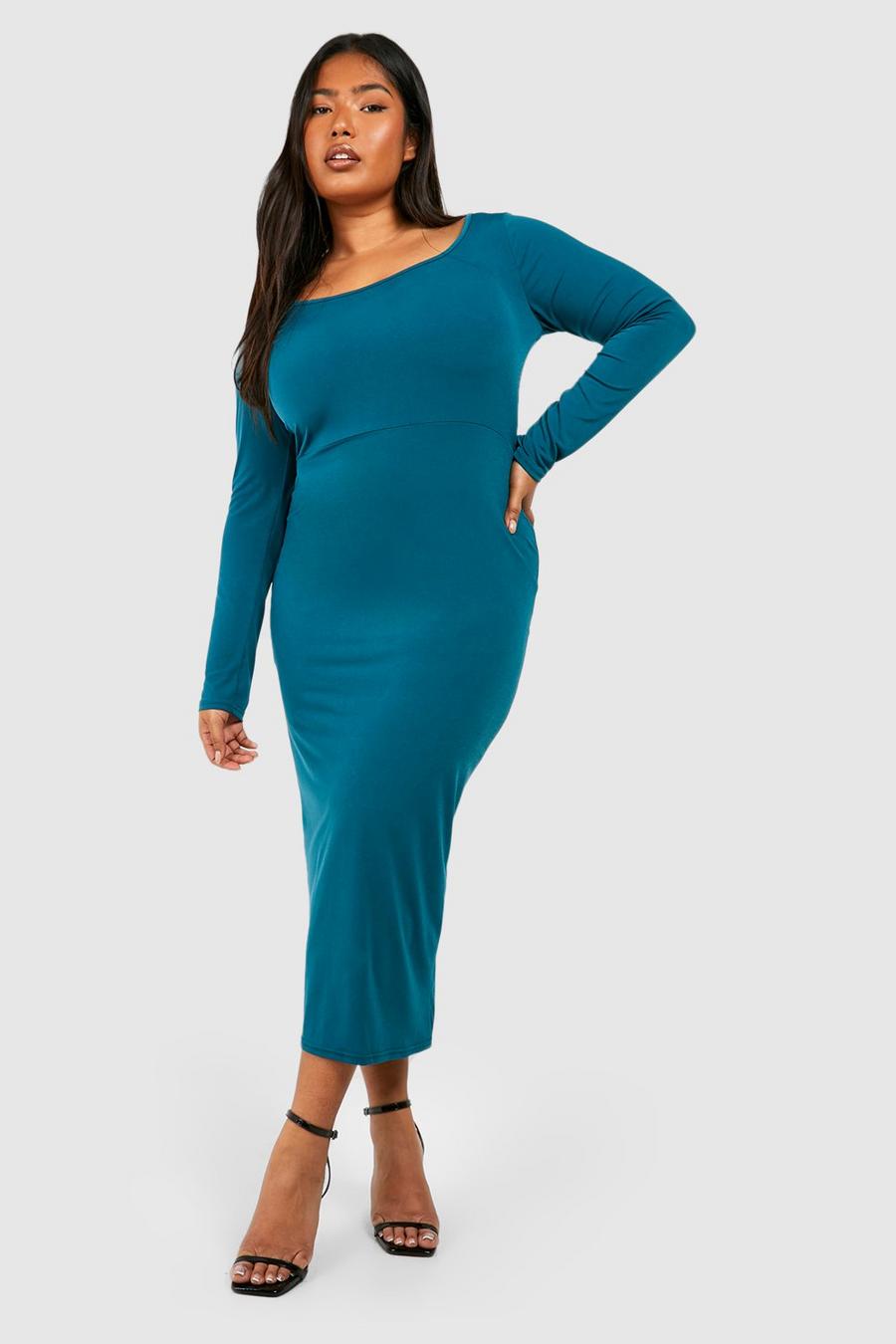 Grande taille - Robe longue moulante à col rond, Green