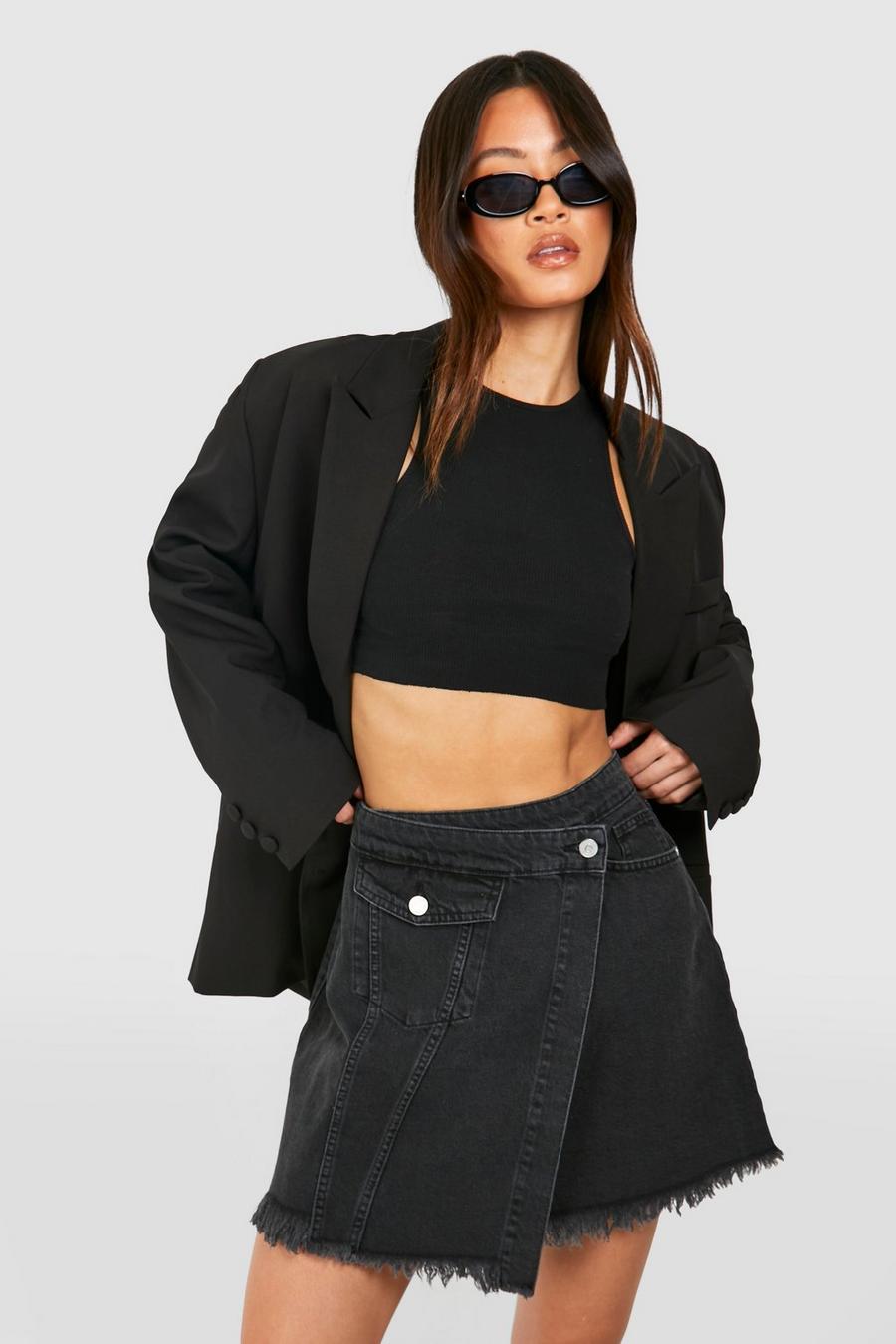 Washed black Tall Black Wash Pokcet Detail Wrap Denim Skirt