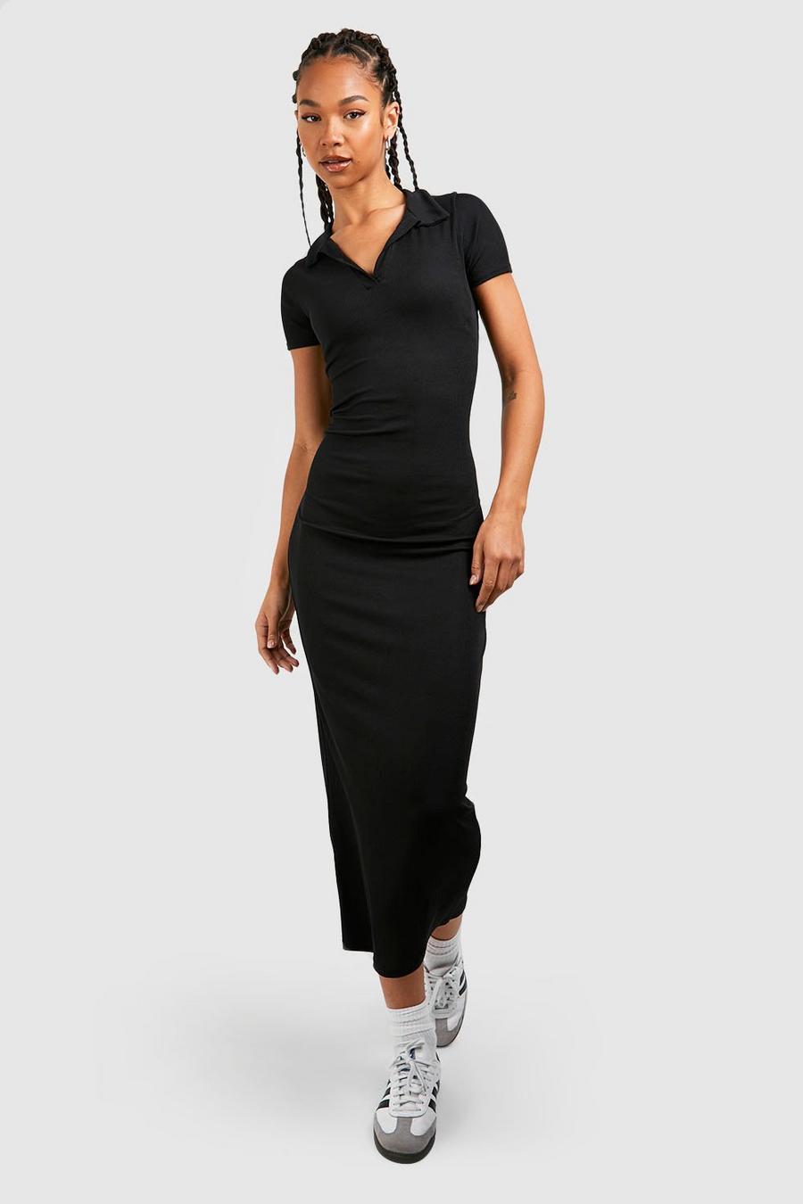 Black Tall Rib Open Collar Midaxi Column Dress image number 1
