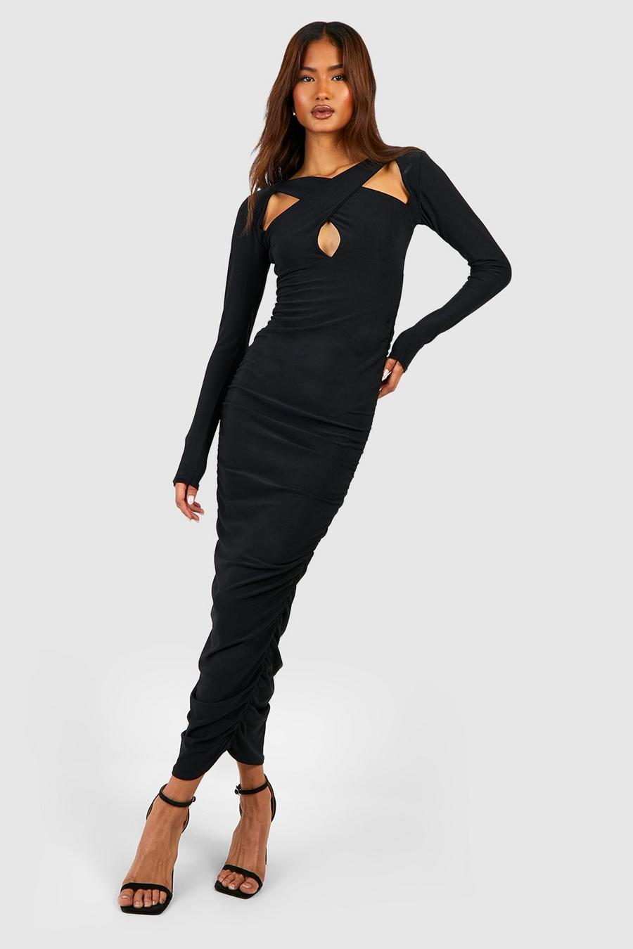 Vestito longuette Tall Premium morbido al tatto con ruches laterali e intaglio sullo scollo, Black image number 1