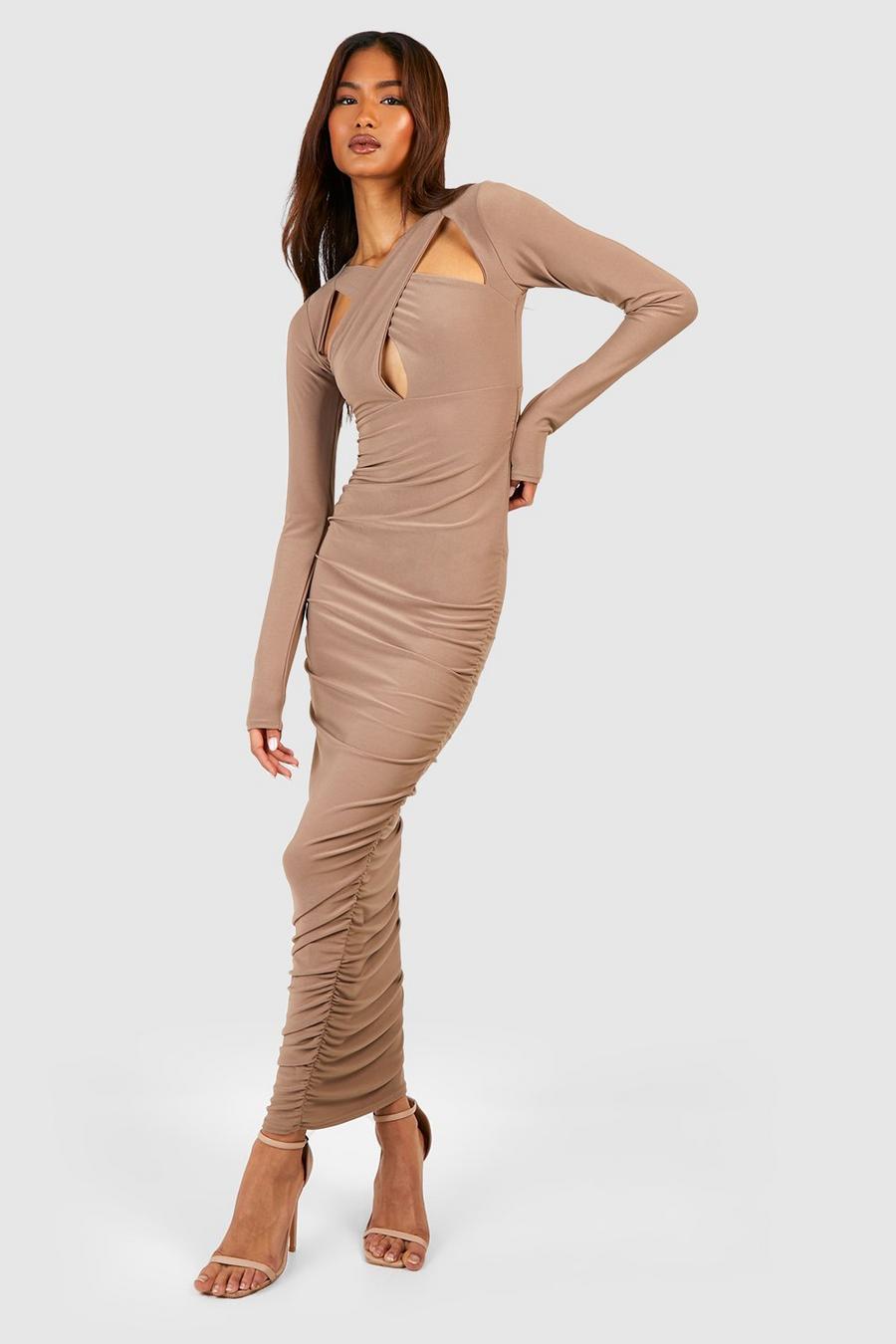 Mocha Tall Premium Soft Touch Keyhole Ruched Side Midi Dress image number 1