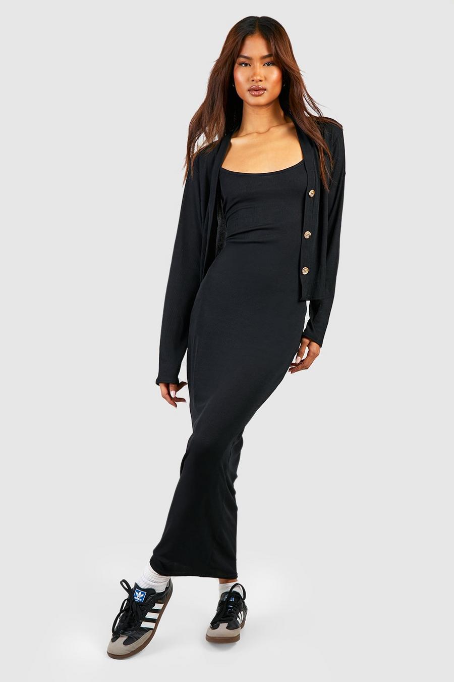 Black Tall Rib Midi Dress With Matching Cardigan