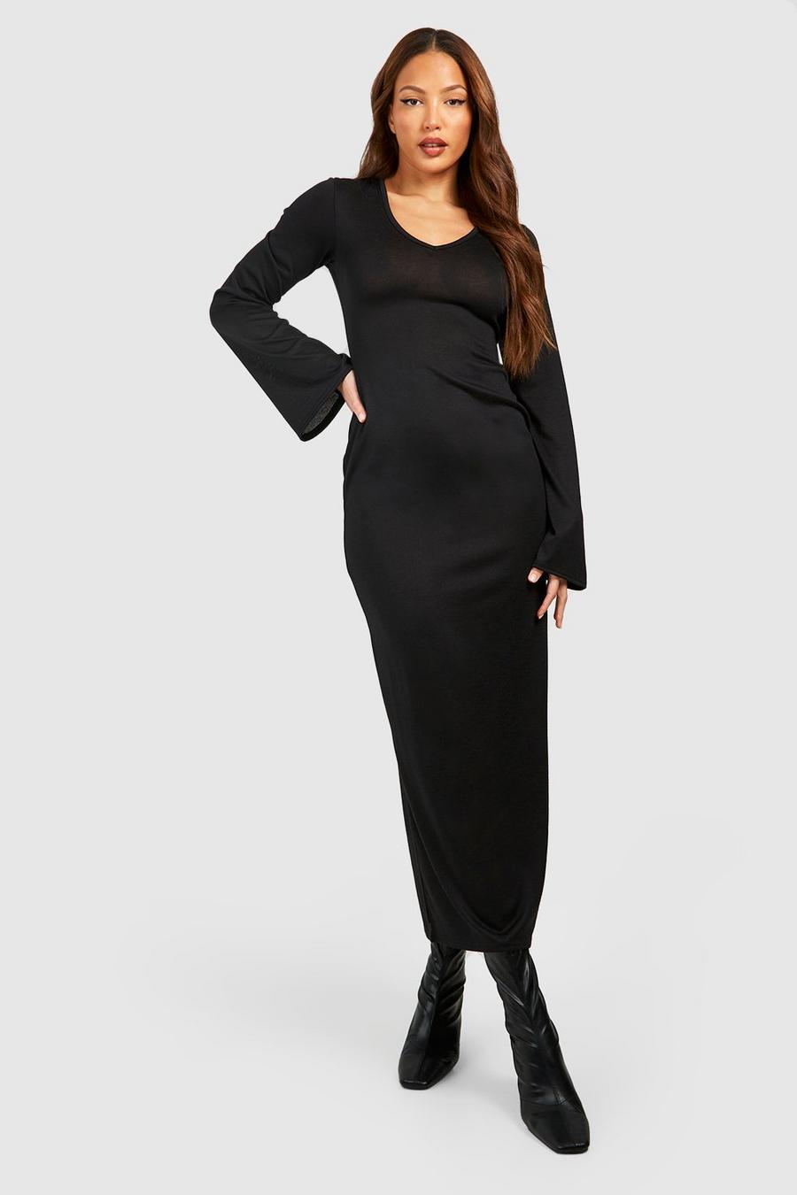 Black Tall Lightweight Knitted V Neck Flare Sleev Midaxi Dress image number 1