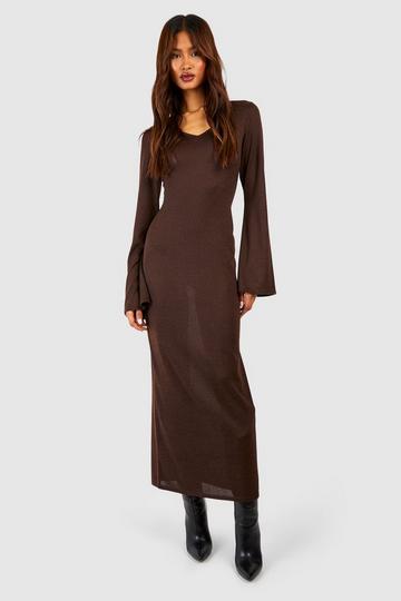 Chocolate Brown Tall Lightweight Knitted V Neck Flare Sleev Midi Dress