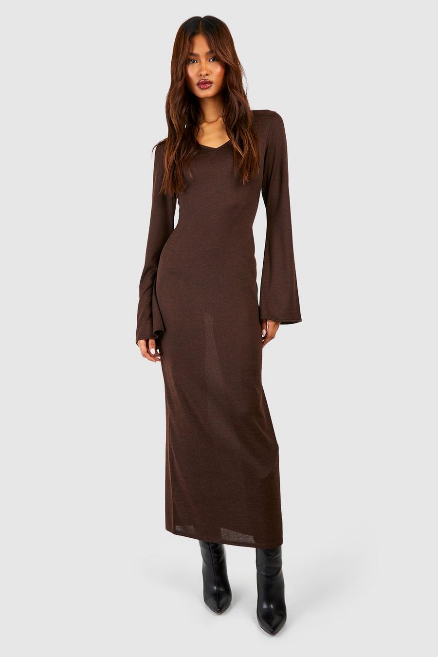 Chocolate brown Tall Lightweight Knitted V Neck Flare Sleev Midaxi Dress