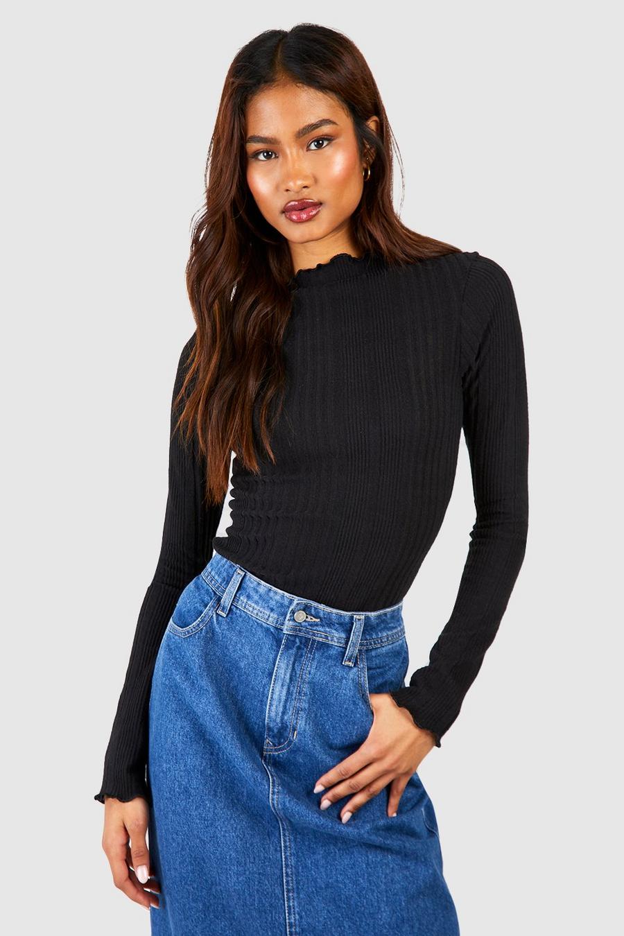 Black Tall Soft Varied Rib Funnel Neck Top image number 1