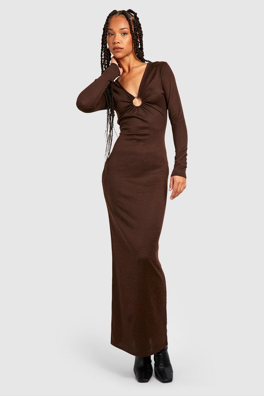 Tall Strick-Maxikleid mit O-Ring, Chocolate image number 1