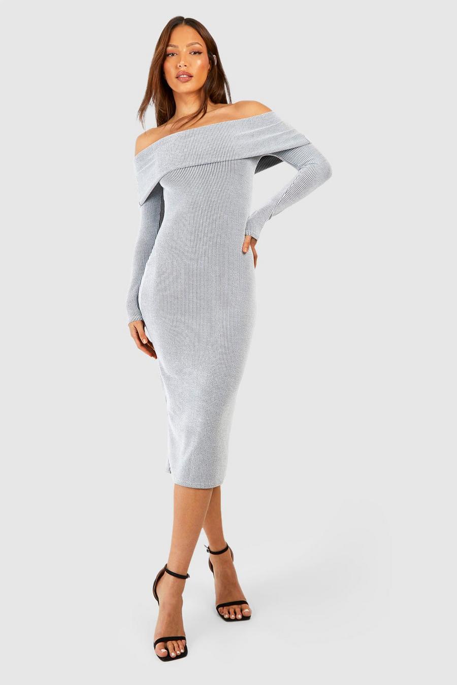 Grey Tall Two Tone Rib Off The Shoulder Midi Dress image number 1