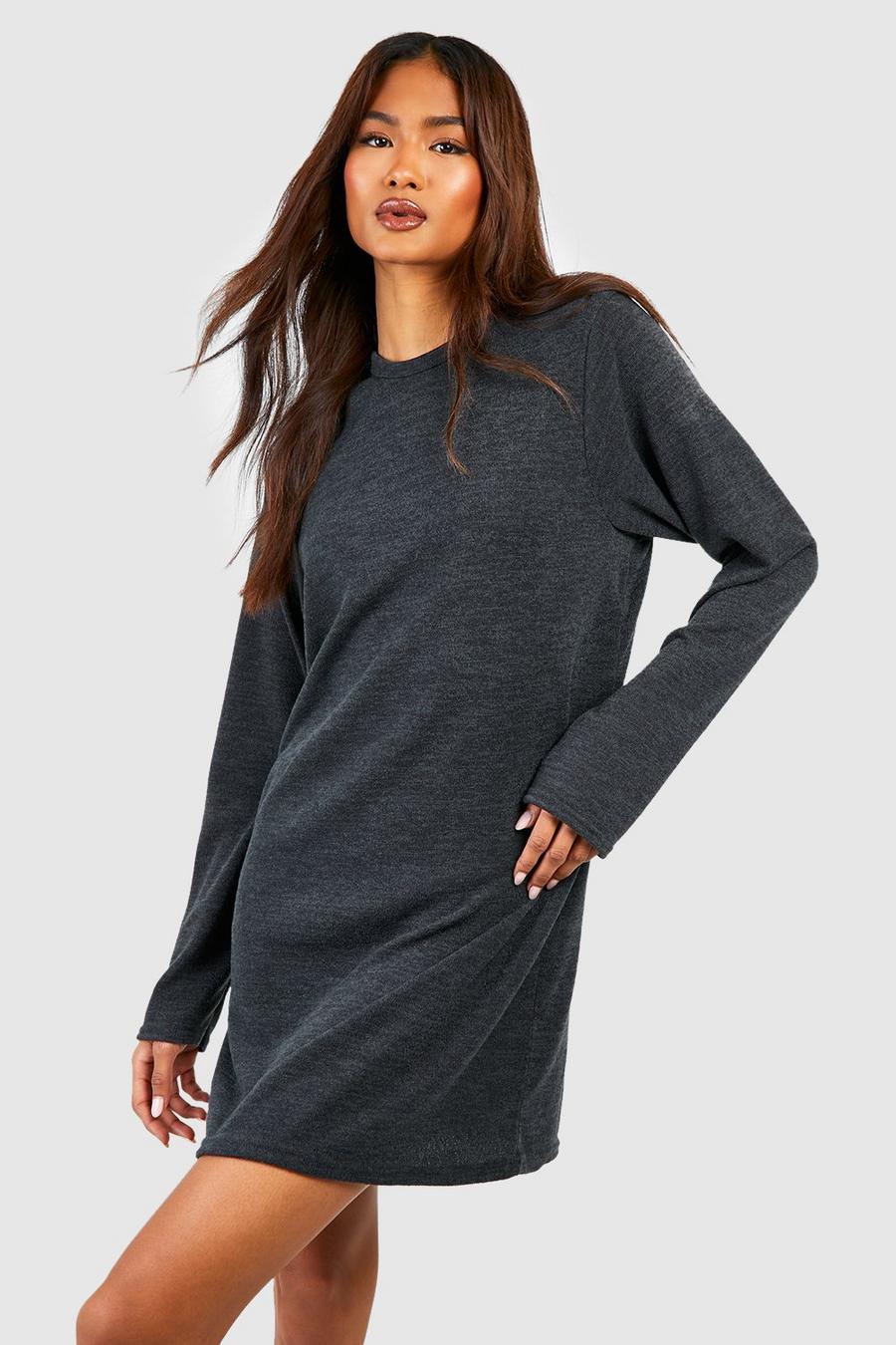 Charcoal Tall Lightweight Knitted Crew Neck Column Mini Dress image number 1