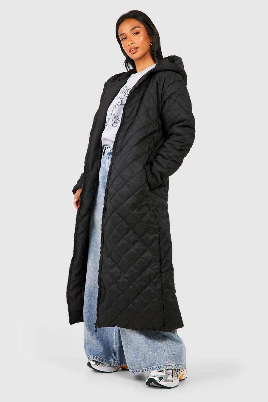 Black Petite Diamond Quilted Hooded Maxi Puffer Jacket image number 1