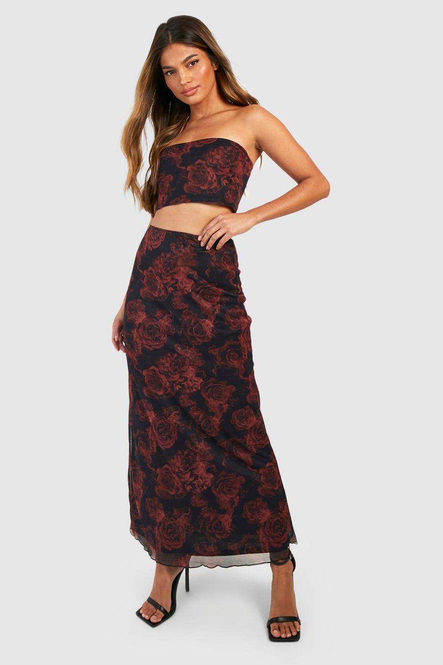 Dark red Rose Print Mesh Bandeau & Maxi Skirt
