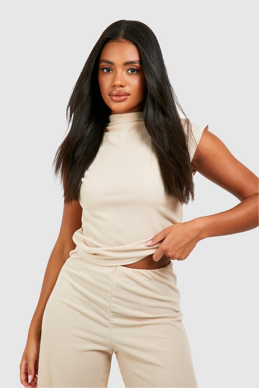 Soft beige Ribbed High Neck Boxy Top