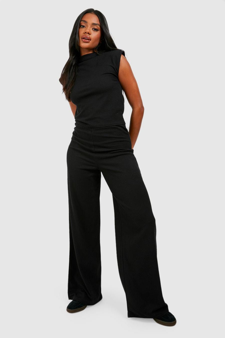 Black Ribbed Sloughy Wide Leg Trousers image number 1