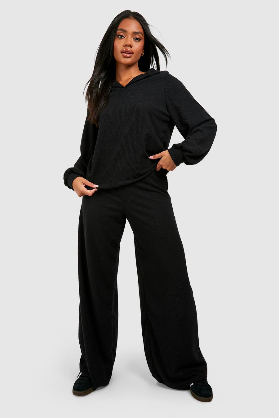 Black Ribbed Slouchy Collard Top & Floaty Pants image number 1