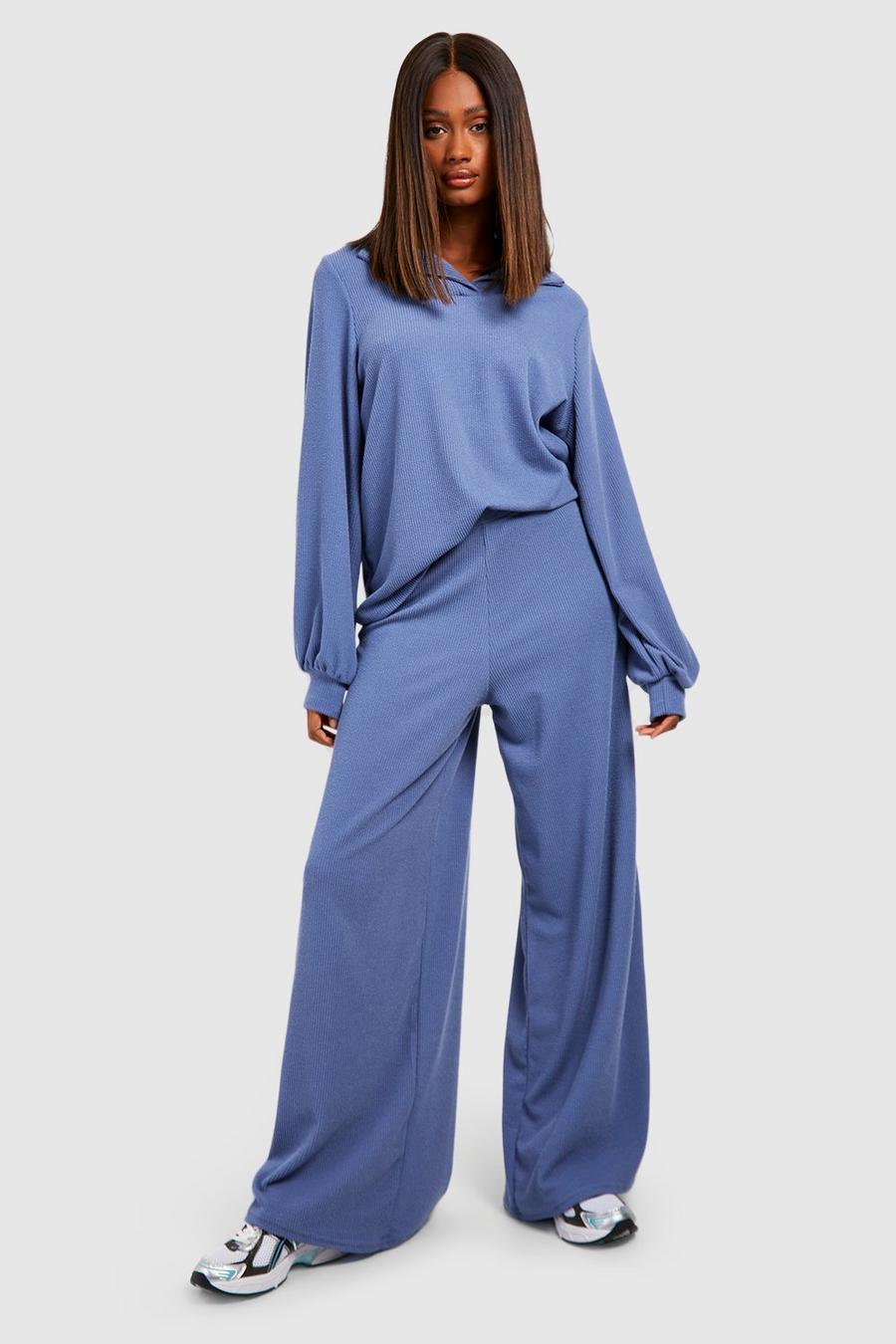 Slate blue Ribbed Slouchy Collard Top & Floaty Trousers image number 1