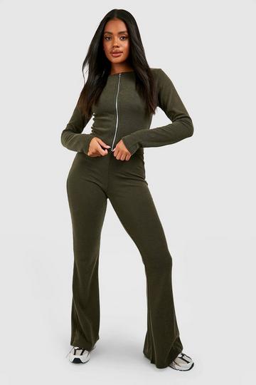 Geribbelde 2-Tone Top Met Rits En Flared Broek khaki