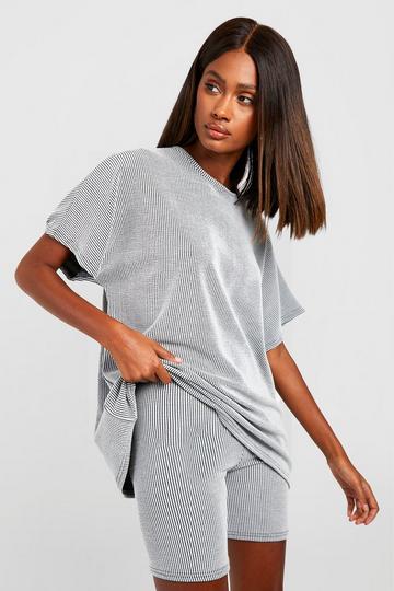 Oversized Geribbeld 2 Tone T-Shirt En Fietsbroekje Set grey