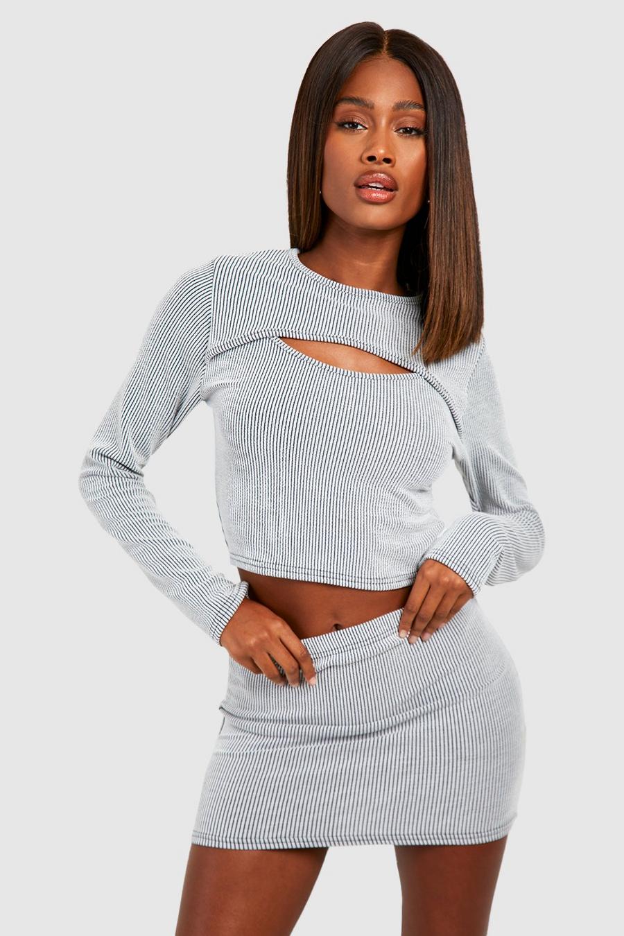 Grey 2 Tone Rib Cut Out Detail Top & mid rise micro mini skirt image number 1
