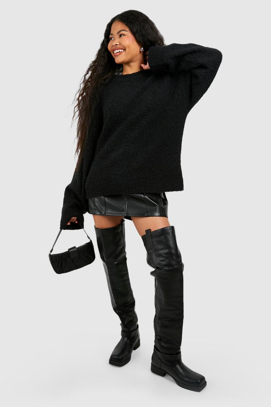 Black Buckle Detail Square Toe Over Knee Chunky Biker Boots  image number 1