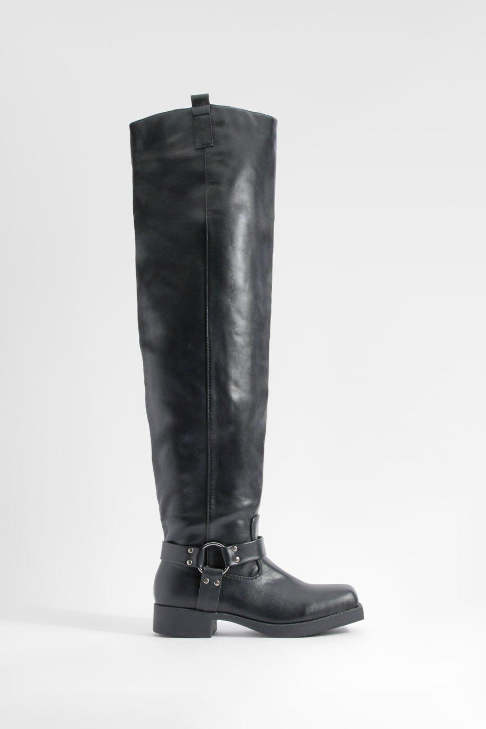 Buckle Detail Square Toe Over Knee Chunky Biker Boots
