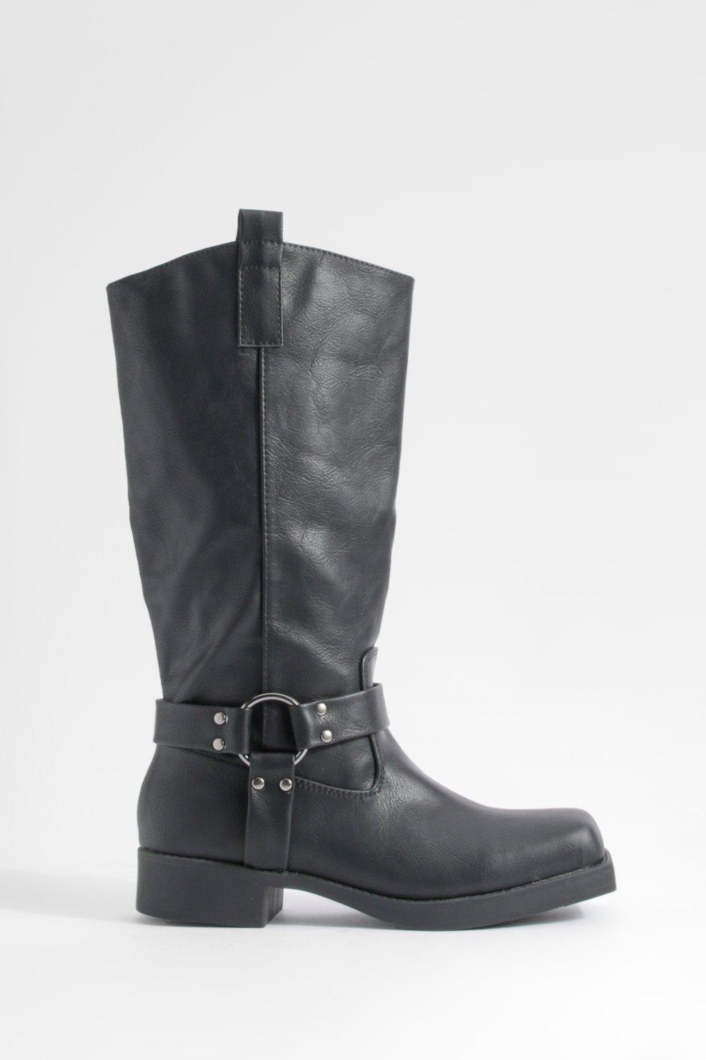 Buckle Detail Square Toe Knee High Chunky Biker Boots | boohoo