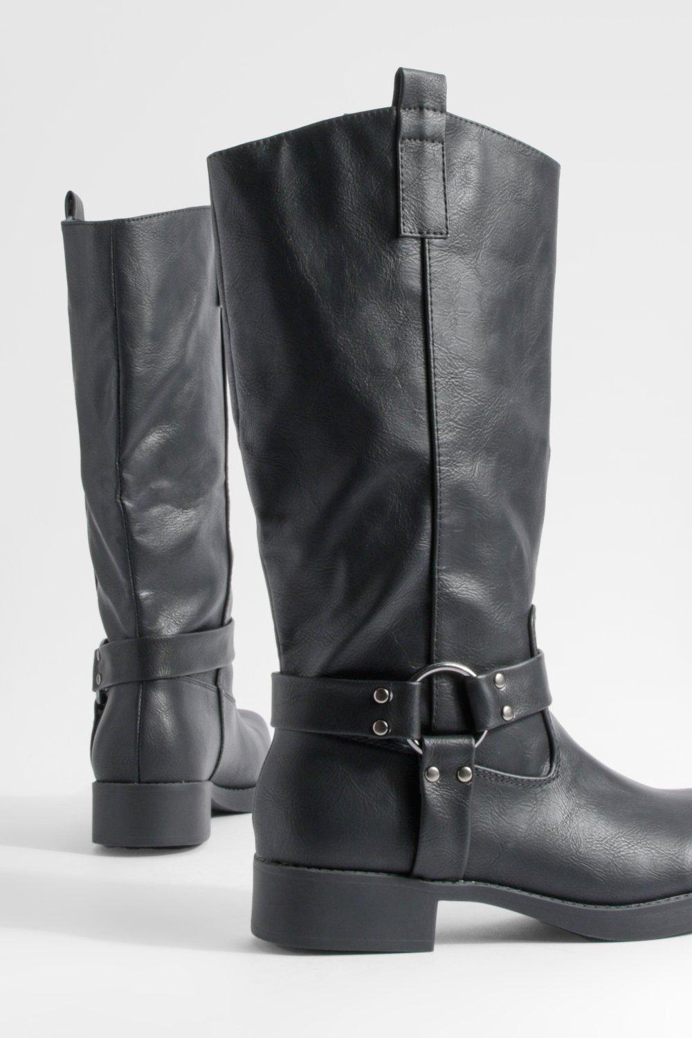 Buckle Detail Square Toe Knee High Chunky Biker Boots