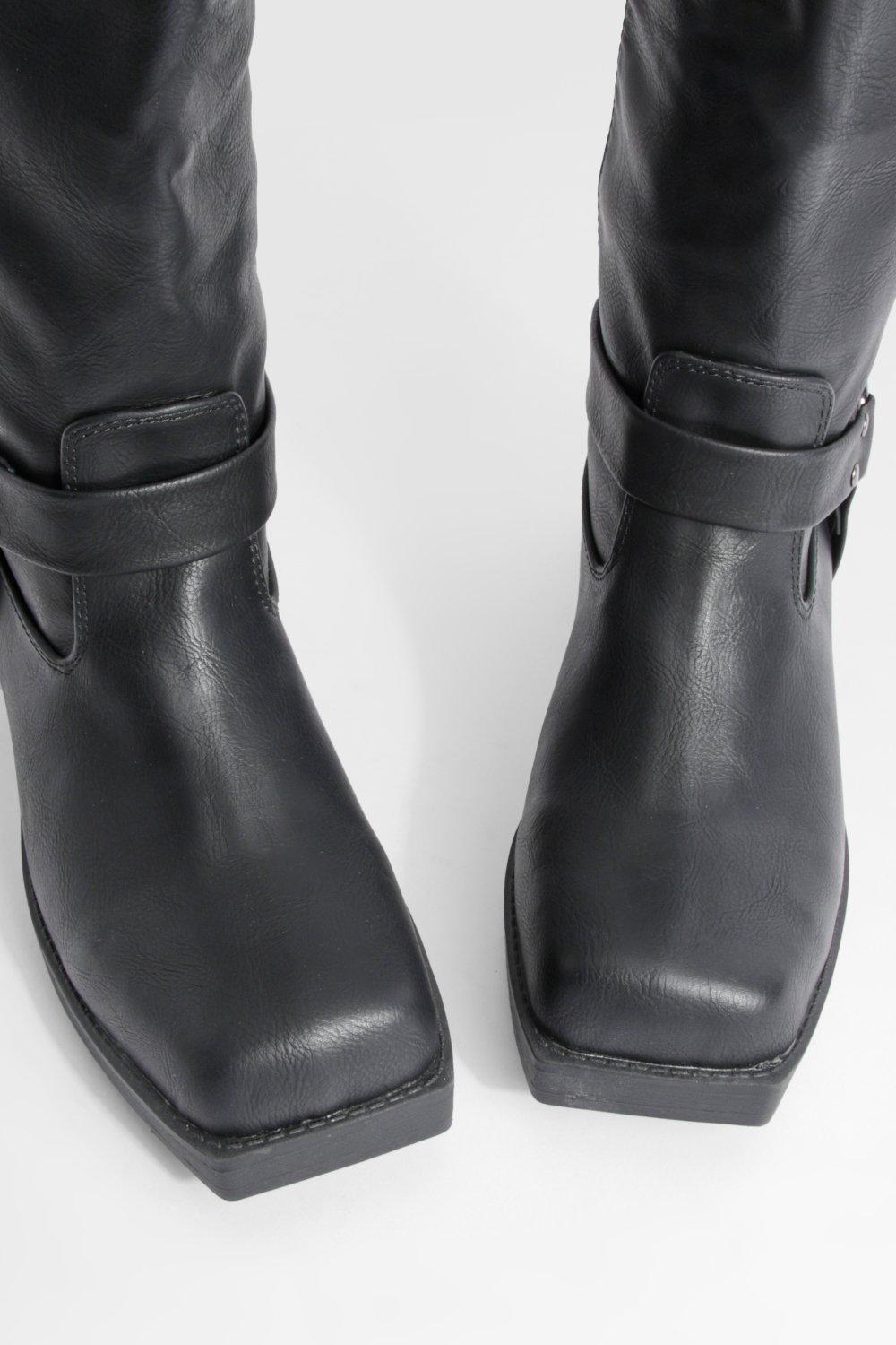 Buckle Detail Square Toe Knee High Chunky Biker Boots | boohoo