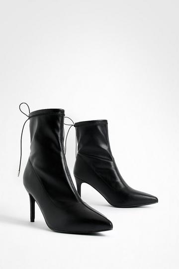 Black Wide Fit Pu Stiletto Tie Detail Sock Boots