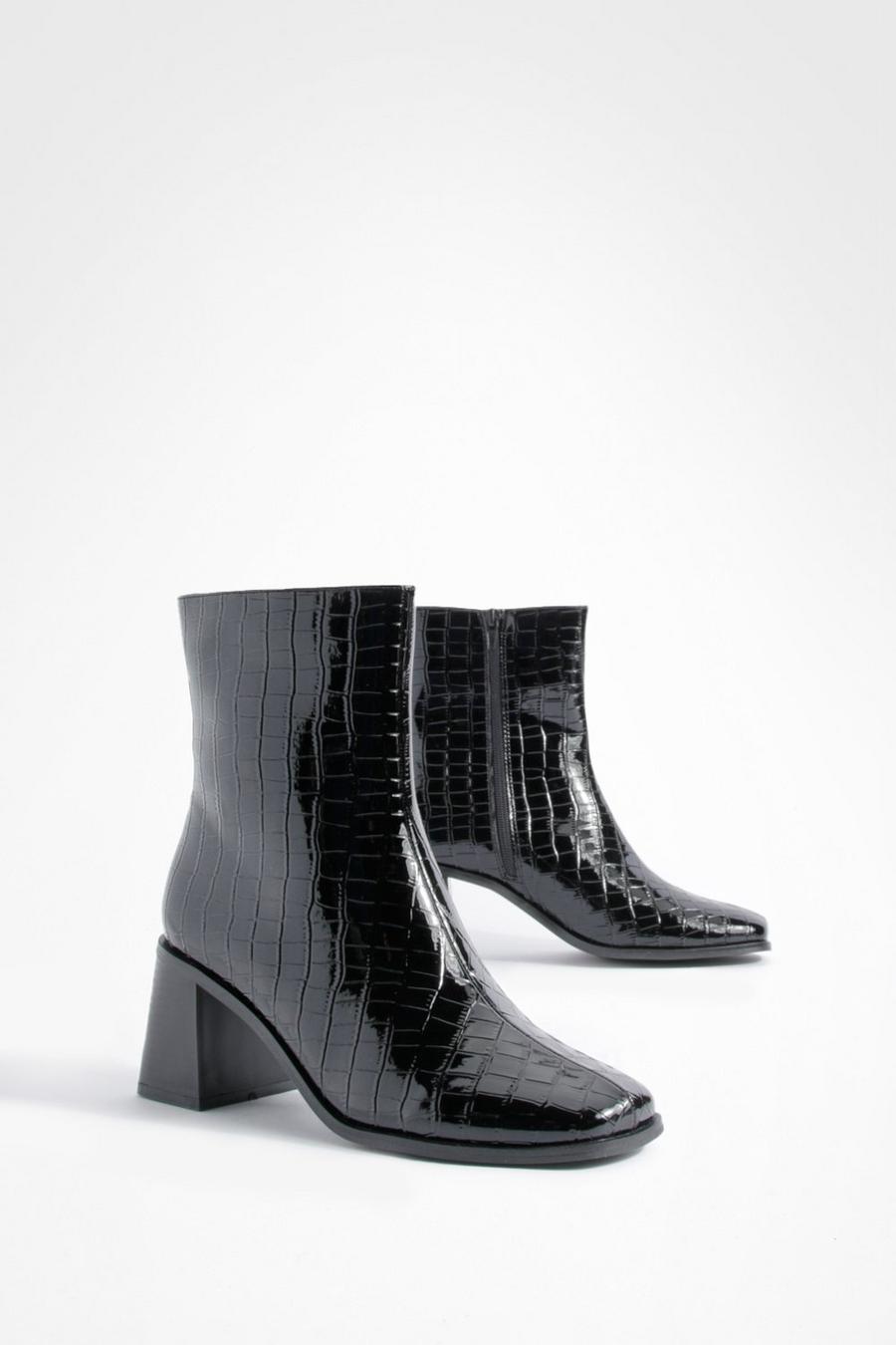 Black Patent Croc Block Heel Ankle Boots image number 1