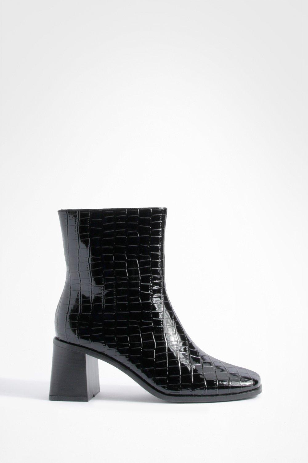 Patent Croc Block Heel Ankle Boots