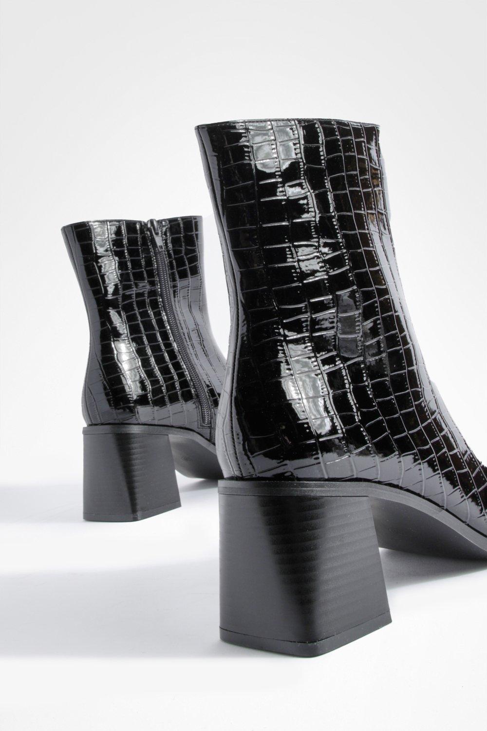 Patent Croc Block Heel Ankle Boots