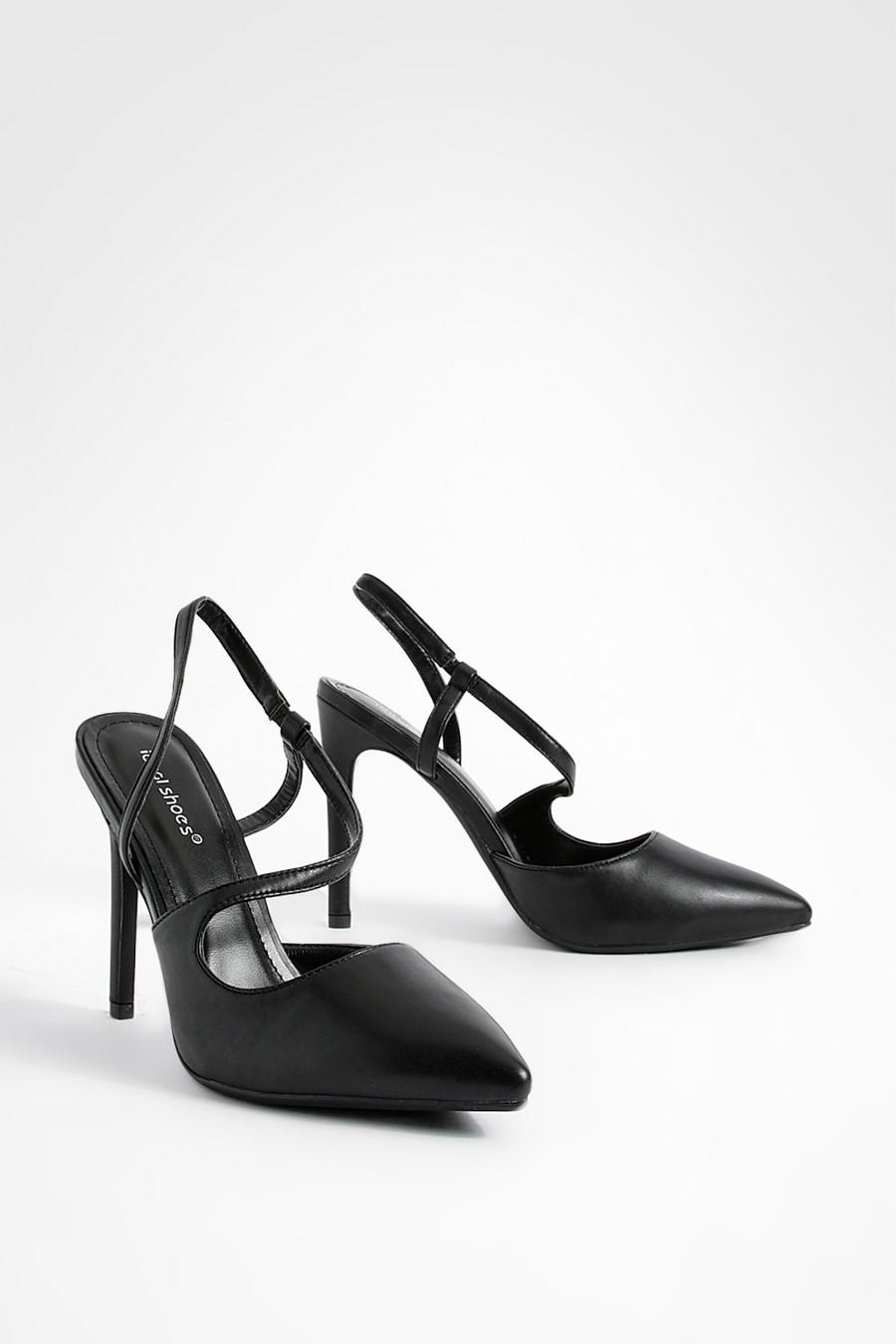 Black Asymmetric Strap Court Heels