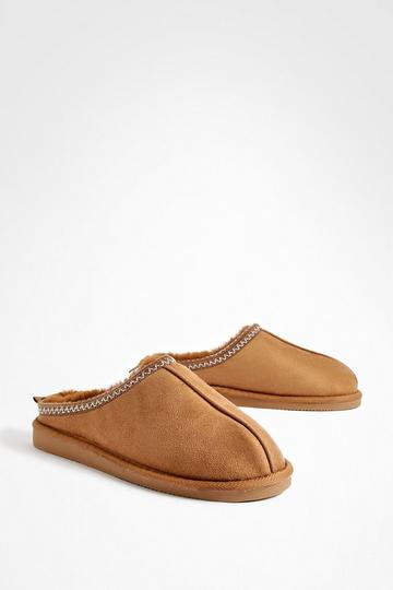 Embroidered Slip On Cozy Mules chestnut