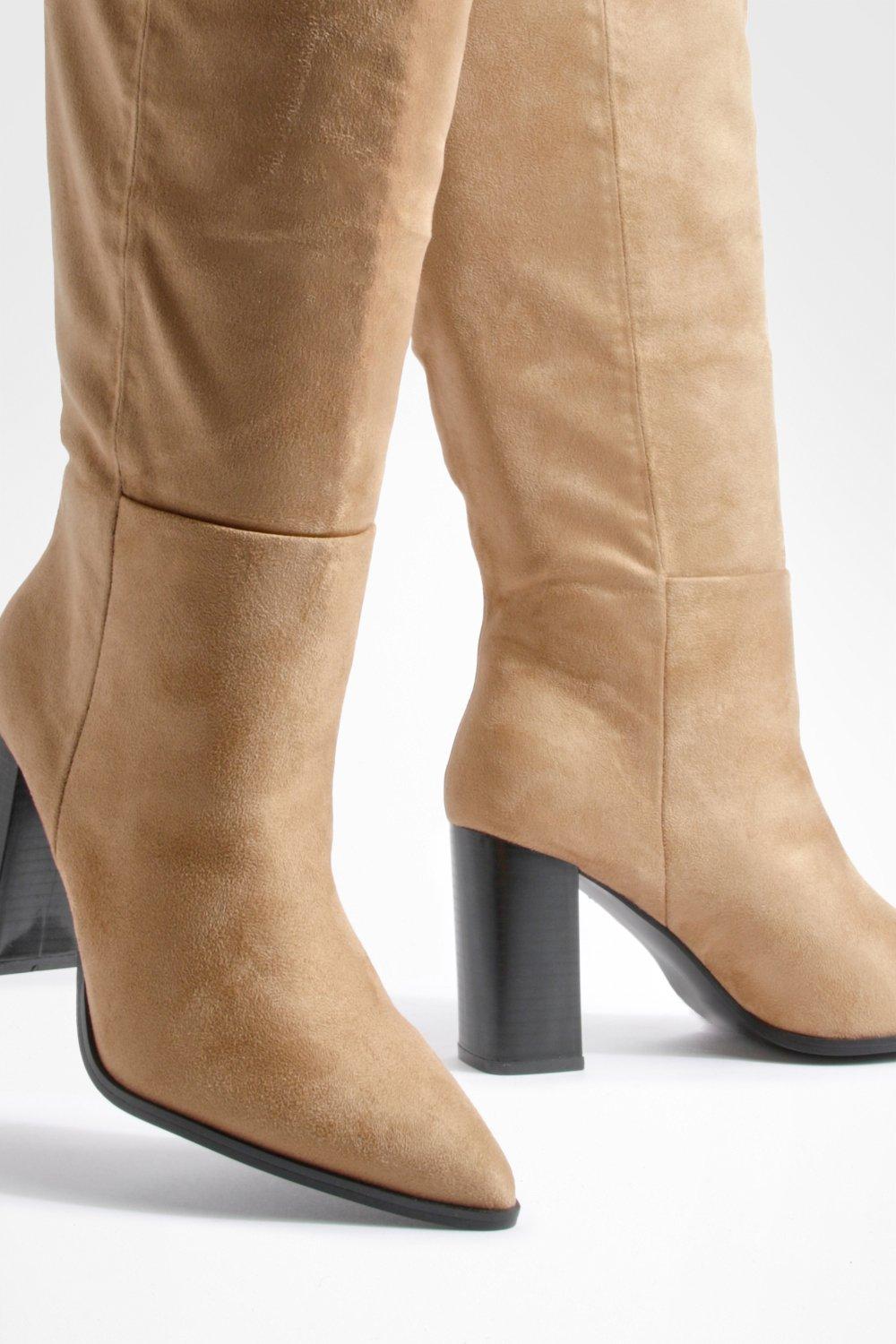 Block Heel Pointed Toe Knee High Boots | boohoo