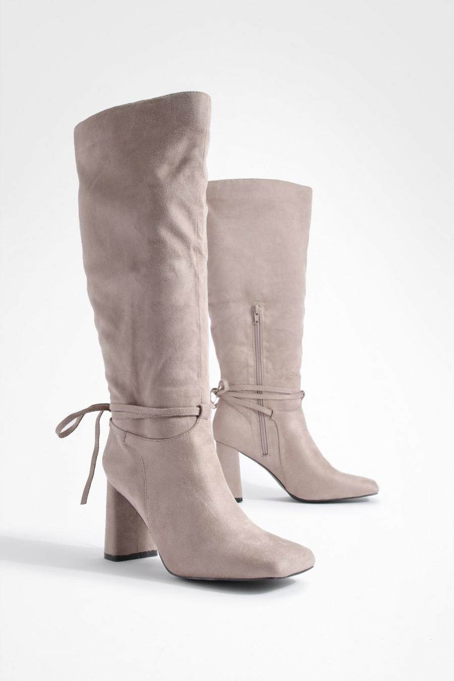Taupe Wide Fit Block Heel Bow Detail Knee High Boots  image number 1