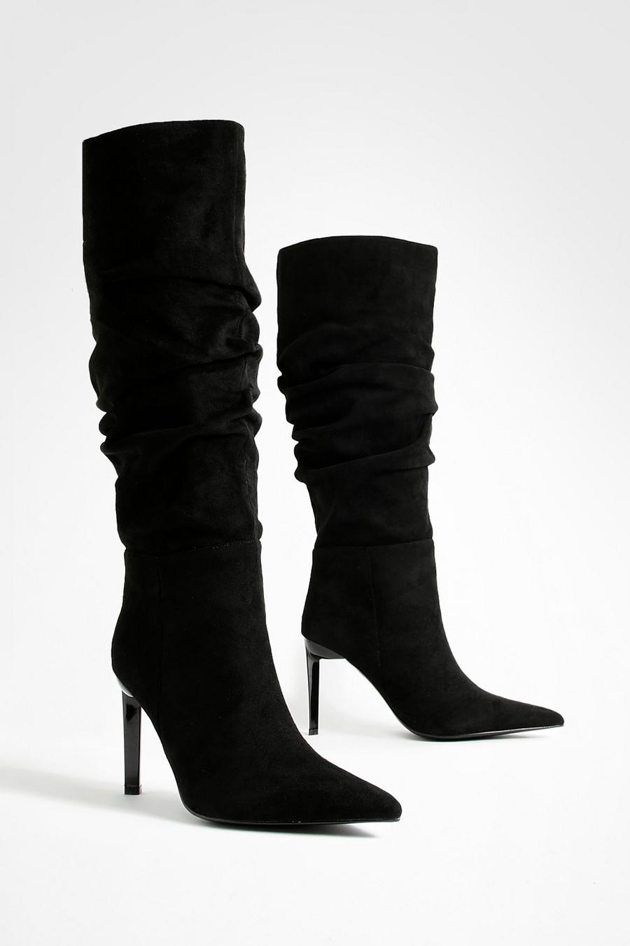 Black Ruched Stiletto Pointed Toe Boots
