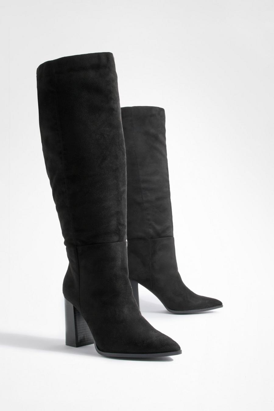 Black svart Block Heel Pointed Toe Knee High Boots